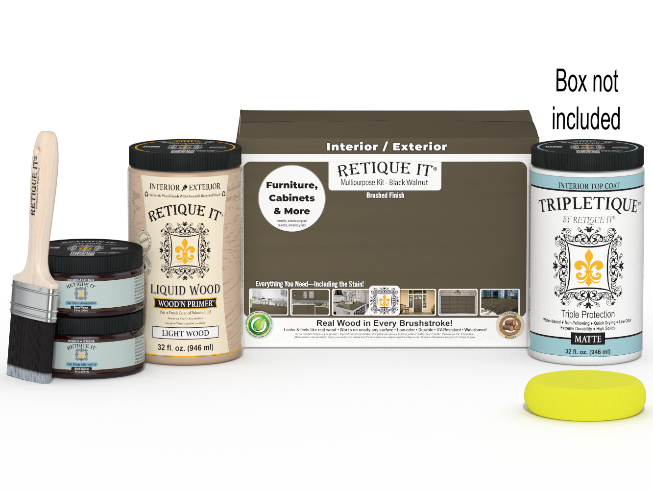 Retique It® Multi-purpose Smooth Finish Kit in Black Walnut for interior wood projects, includes top coat and application tools.