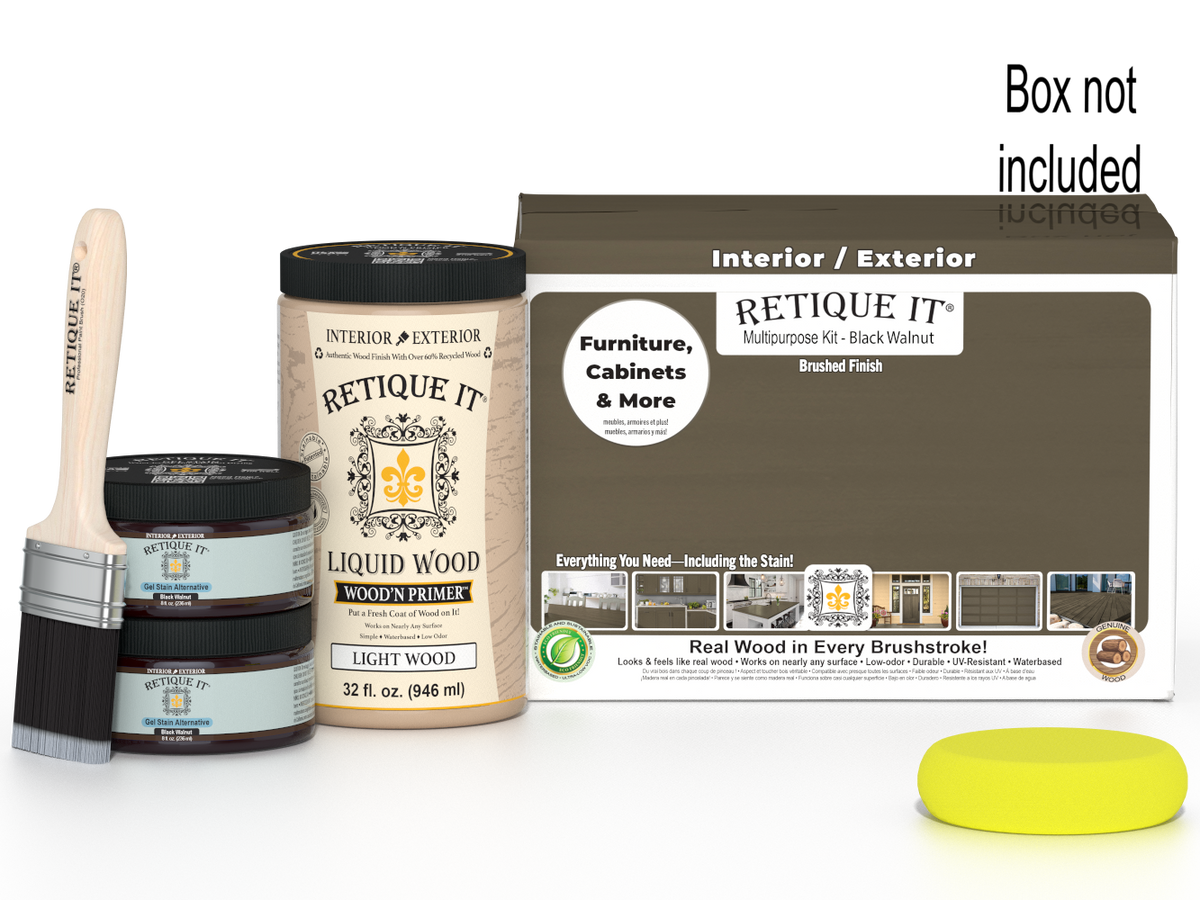 Large black walnut wood finish kit by Retique It® with smooth finish, including tools and supplies for wood finishing projects.