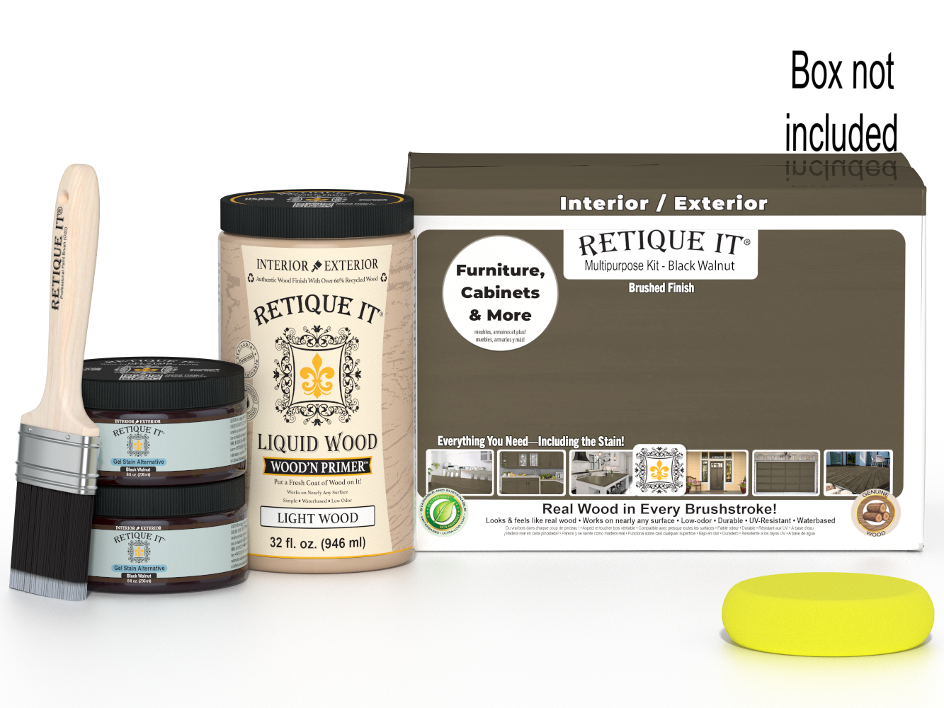 Large black walnut wood finish kit by Retique It® for smooth, multi-purpose woodworking projects, including tools and supplies.