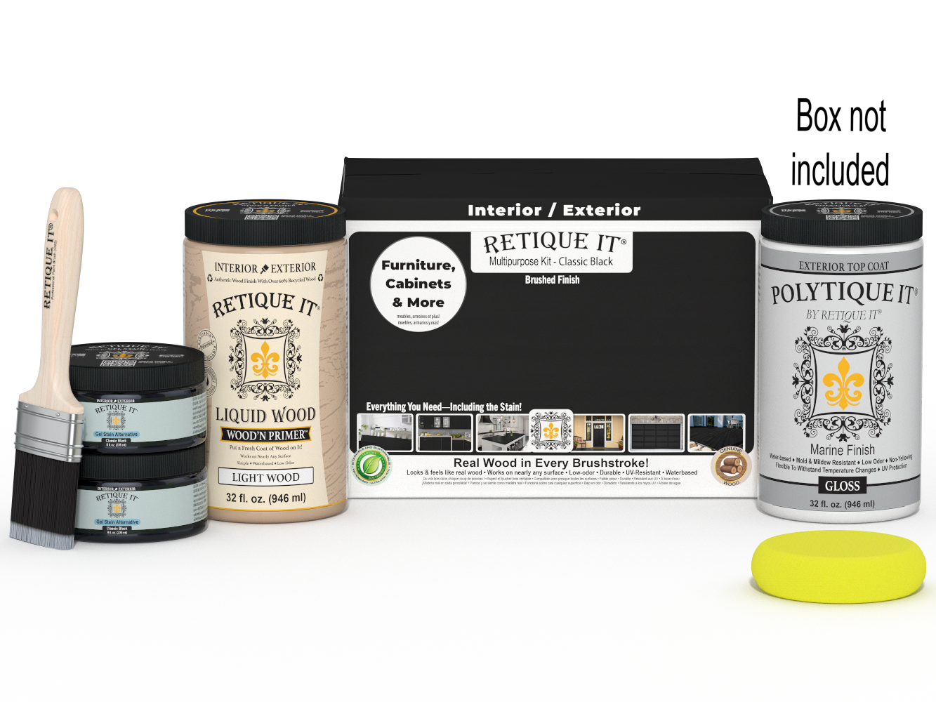 Retique It® large multi-purpose wood finish kit in classic black with exterior top coat and smooth finish for wood projects.