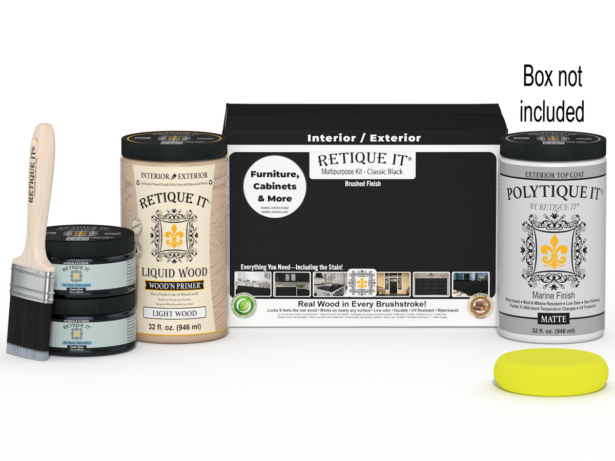 Retique It® Multi-purpose Smooth Finish Kit in Classic Black for exterior wood surfaces, includes top coat and application tools.