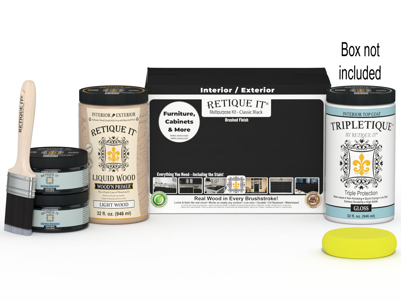 Retique It® Multi-purpose Smooth Finish Kit Large in Classic Black for interior wood top coating, shown with packaging and tools.
