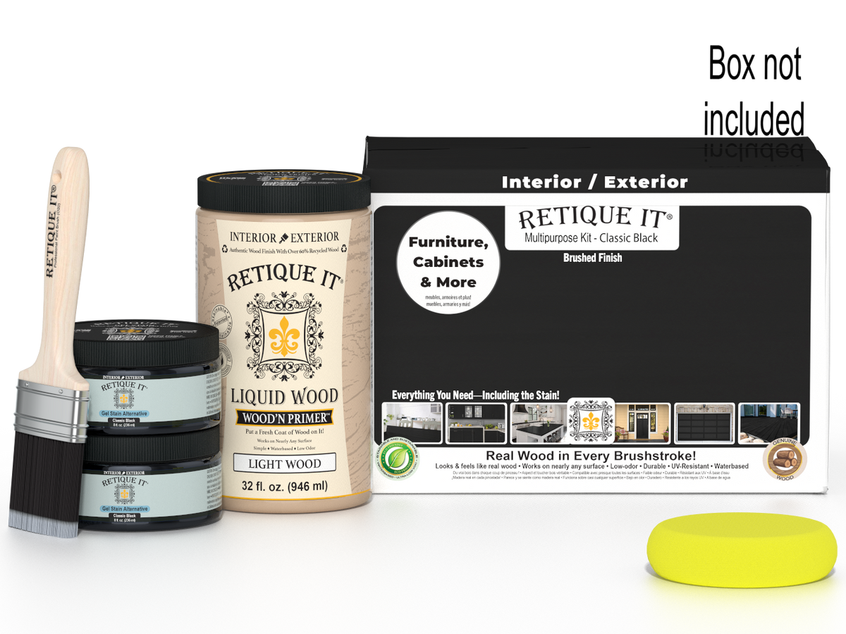 Large Classic Black Wood'n Finish Kit by Retique It® with smooth finish wood products inside a box.