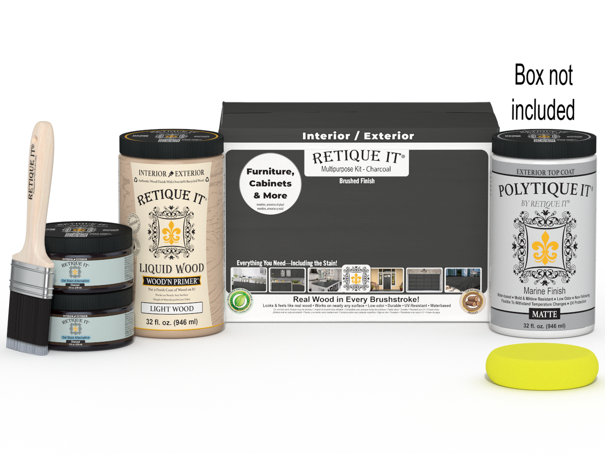 Large charcoal wood finish kit by Retique It® with exterior top coat, featuring brushes and supplies for smooth wood finishing.
