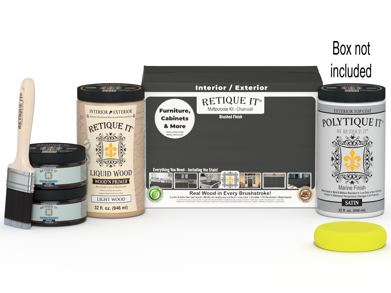Large charcoal wood finish kit by Retique It® for exterior use, includes smooth matte top coat for multi-purpose wood projects.