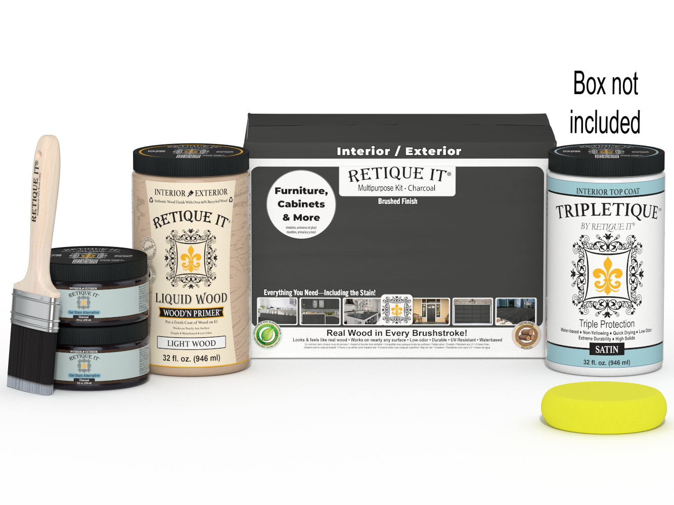 Retique It® Multi-purpose Smooth Finish Kit in large charcoal for interior wood top coating, includes application tools and finish components.