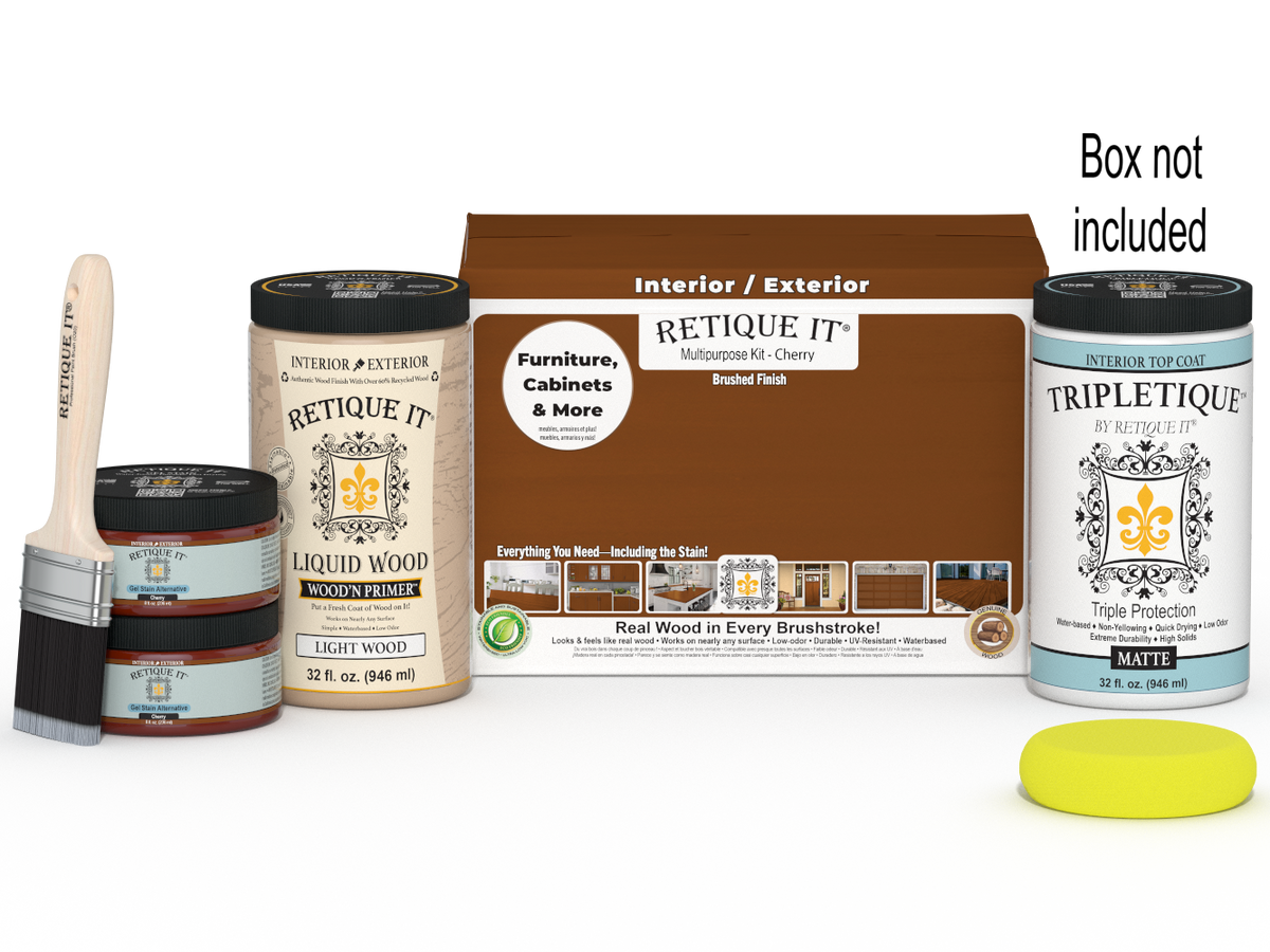 Retique It® large cherry wood finishing kit with smooth top coat and accessories for interior wood projects.