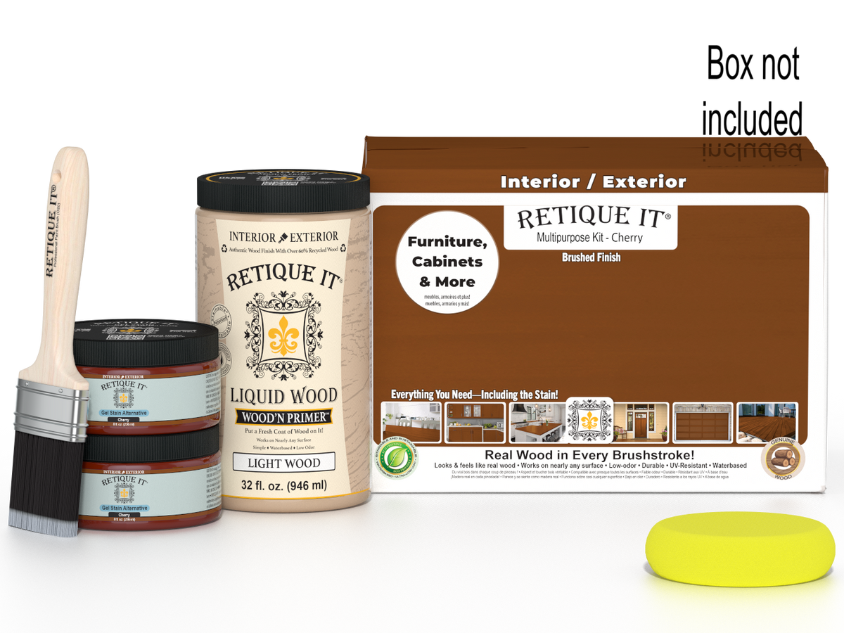 Retique It® large multi-purpose smooth finish wood kit in cherry, includes tools and materials for wood finishing projects.