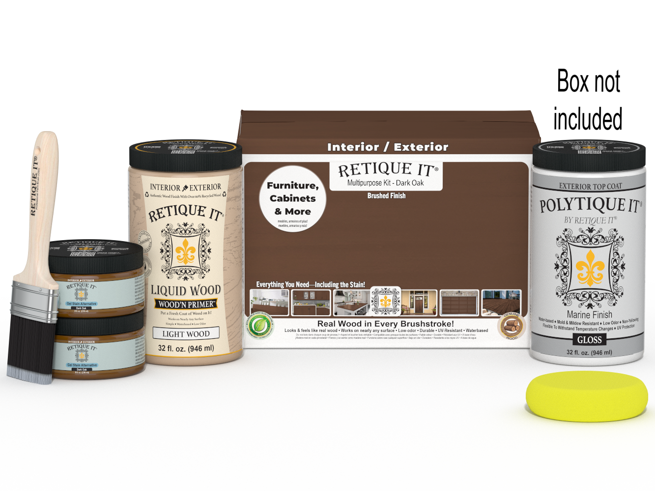 Large Dark Oak wood finish kit with glossy exterior top coat, including brushes and tools, from Retique It® Wood'n Finish Kits.