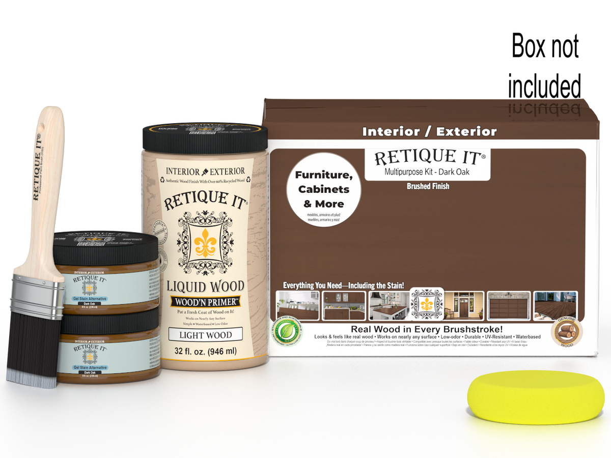 Large Dark Oak wood finish kit by Retique It® with smooth finish, including application tools and wood stain containers.