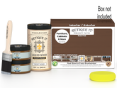 Large Dark Oak wood finish kit by Retique It® with smooth finish, including application tools and wood stain containers.