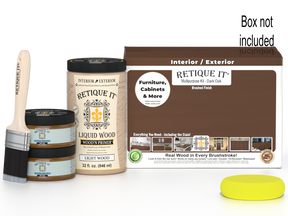 Large Dark Oak wood finish kit by Retique It® with smooth finish, including application tools and wood stain containers.
