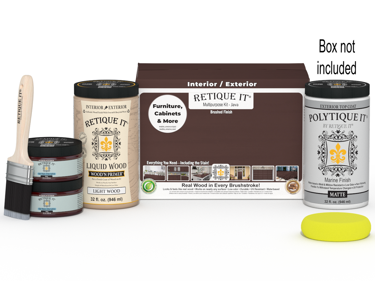 Retique It® Java large multi-purpose smooth finish kit with exterior top coat, shown with brushes and wood surface sample.