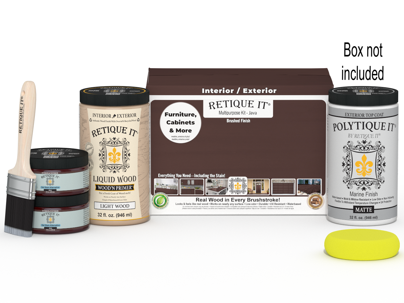 Retique It® Java large multi-purpose smooth finish kit with exterior top coat, shown with brushes and wood surface sample.