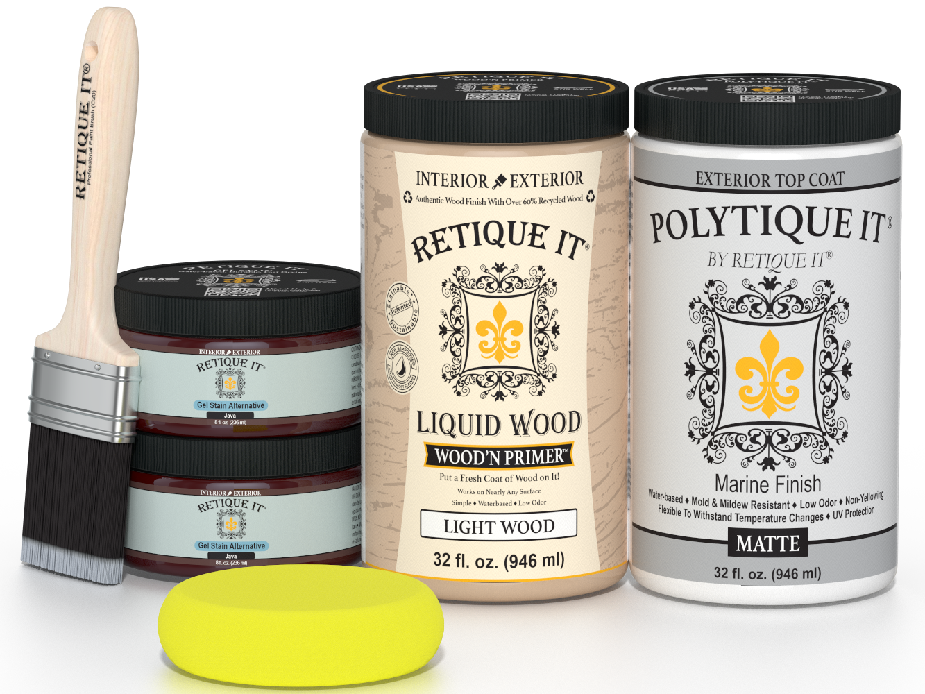 Large Java wood finish kit with smooth exterior top coat and tools for wood finishing by Retique It® Wood'n Finish Kits