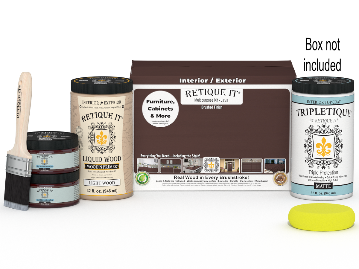 Retique It® Multi-purpose Smooth Finish Kit (Large) in Java for interior wood top coating, includes brushes and finishing tools.