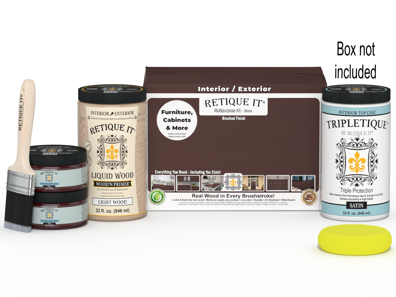 Retique It® Multi-purpose Smooth Finish Kit (Large) in Java for wood interior top coat, includes applicator tools and finish container.