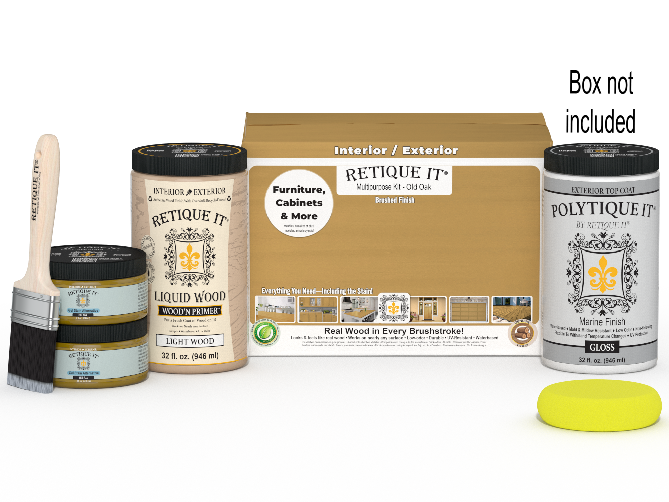 Retique It® Multi-purpose Smooth Finish Kit in Large Old Oak for exterior wood surfaces, includes top coat and application tools.