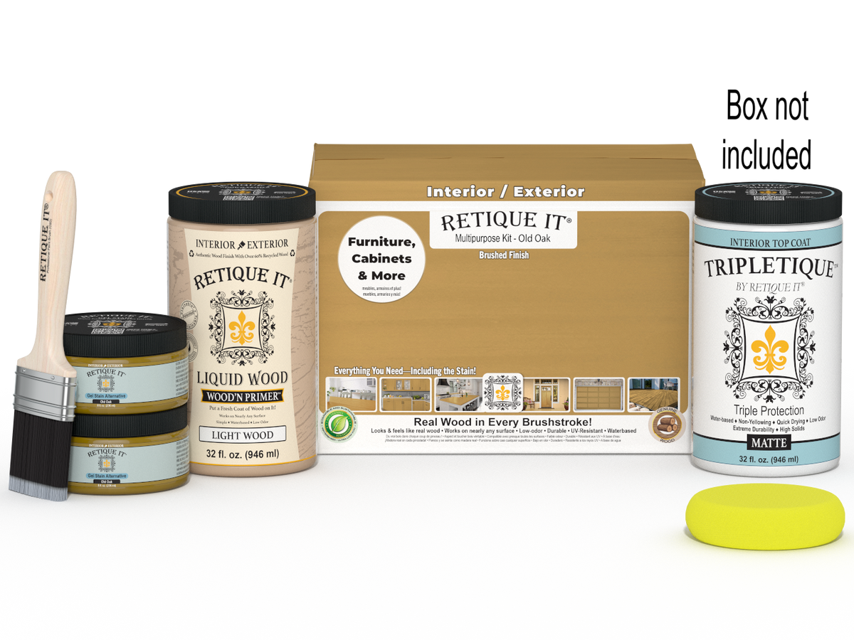 Retique It® Multi-purpose Smooth Finish Kit (Large) in Old Oak for interior wood projects, includes top coat and finishing tools.