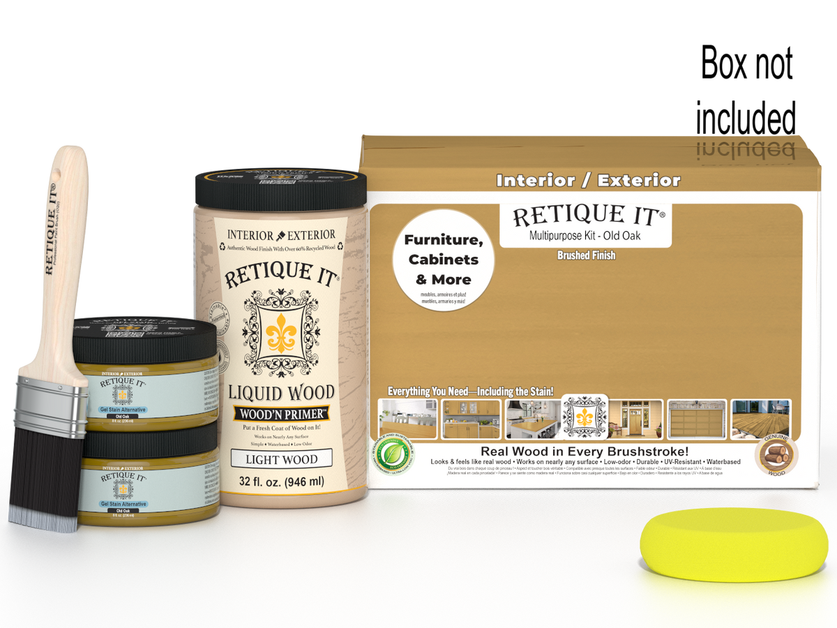 Retique It® Large Multi-purpose Smooth Finish Kit in Old Oak for wood finishing, includes brushes and tools in a box.