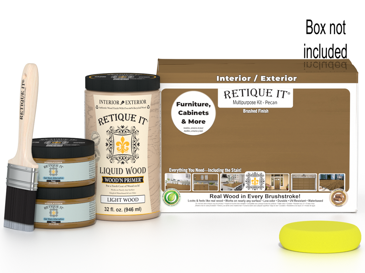 Large Pecan wood finish kit from Retique It® with smooth finish, including wood stain and finishing tools, in a box.
