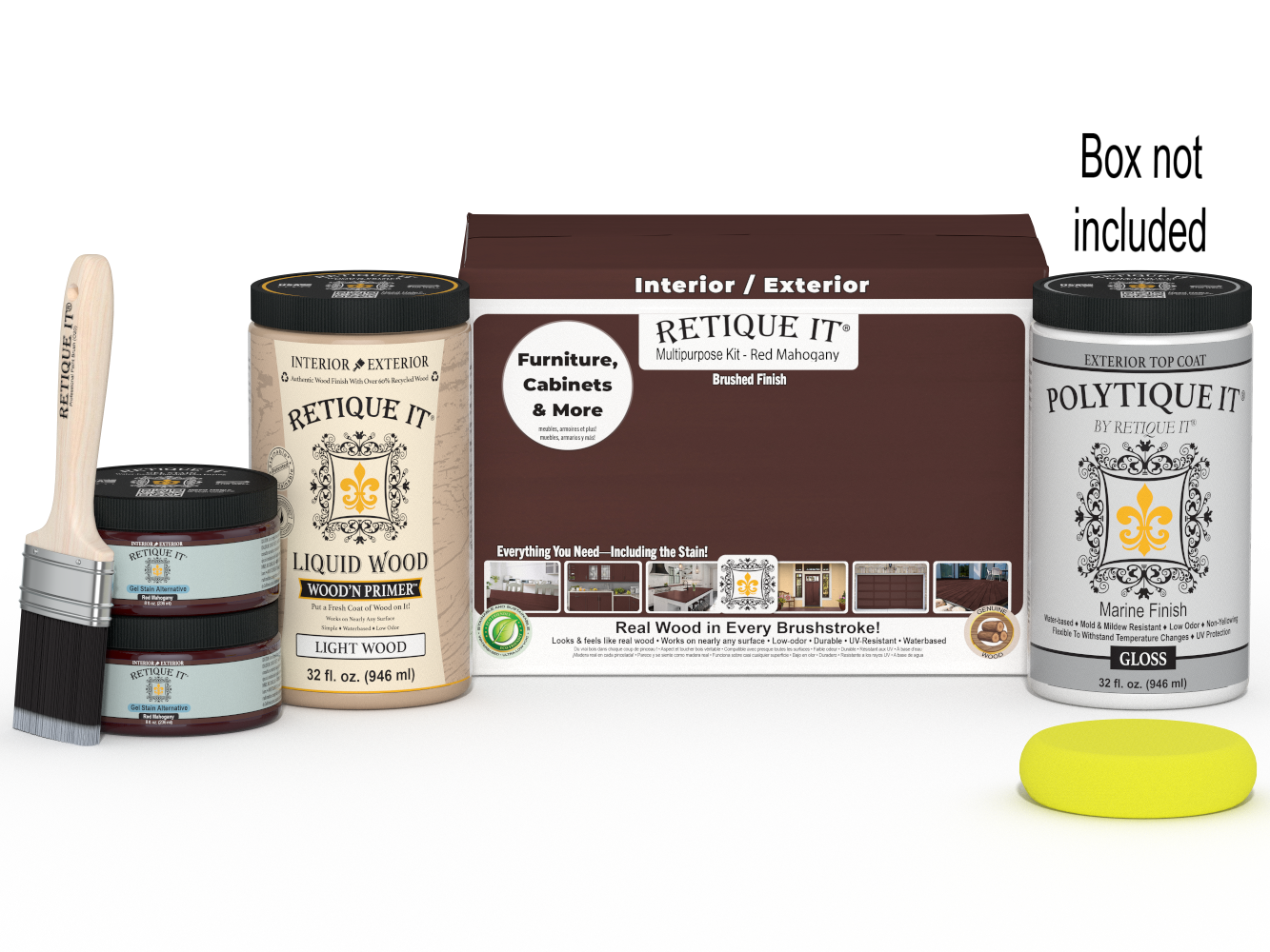 Large Red Mahogany Wood'n Finish Kit with exterior top coat, includes brushes and tools for smooth wood finishing projects.