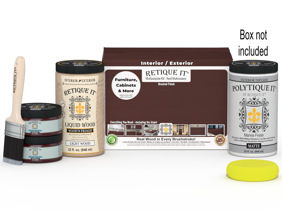 Retique It® Large Multi-purpose Smooth Finish Kit in Red Mahogany for exterior wood top coating, including applicator tools.