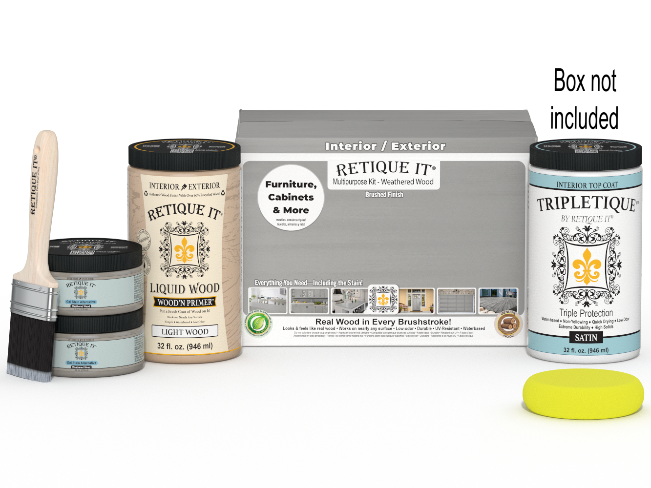 Large Weathered Wood Multi-purpose Smooth Finish Kit from Wood'n Finish Kits by Retique It® with top coat and tools.