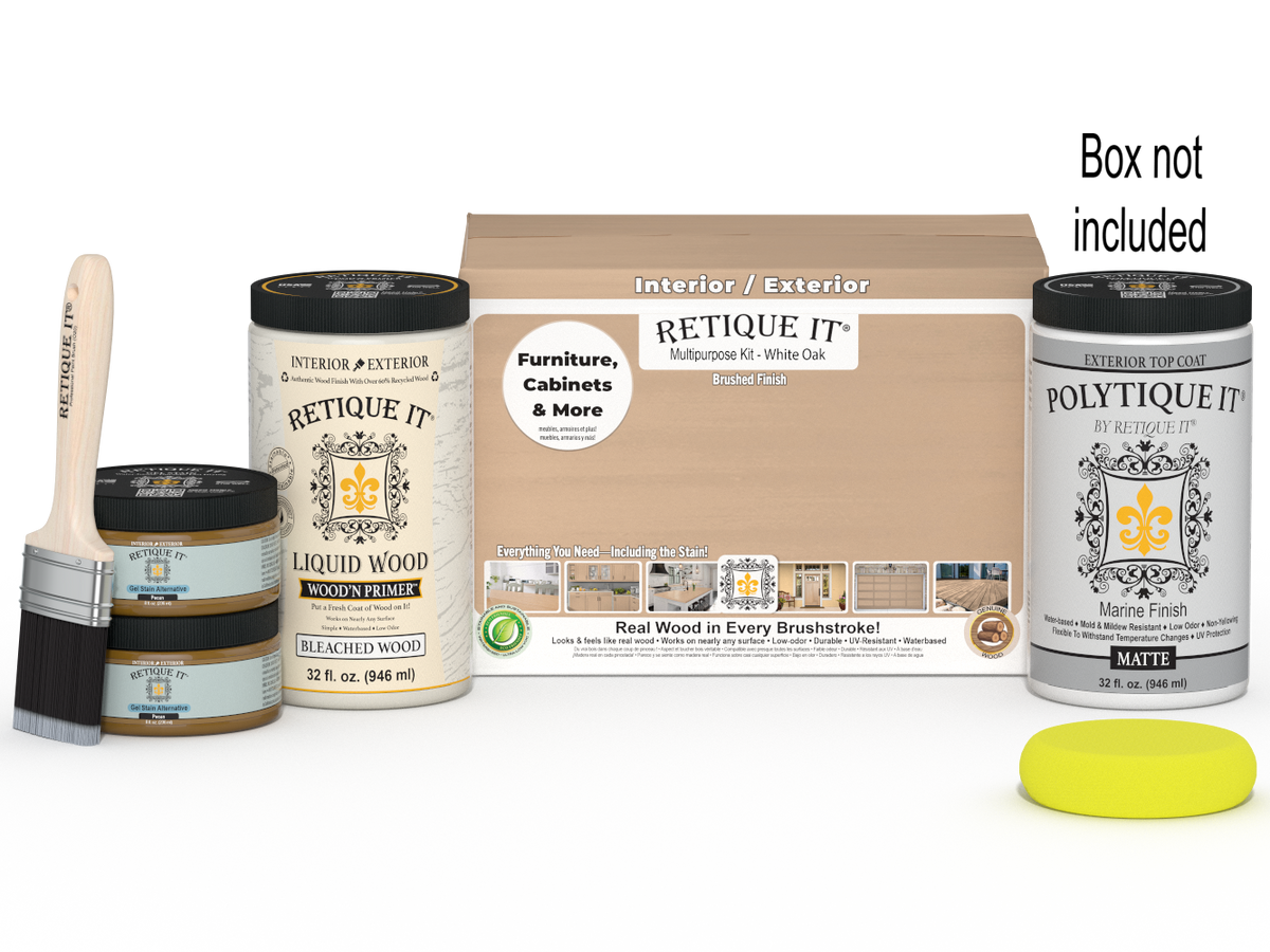 Retique It® White Oak large multi-purpose smooth finish kit with exterior top coat in matte, including brushes and application tools.