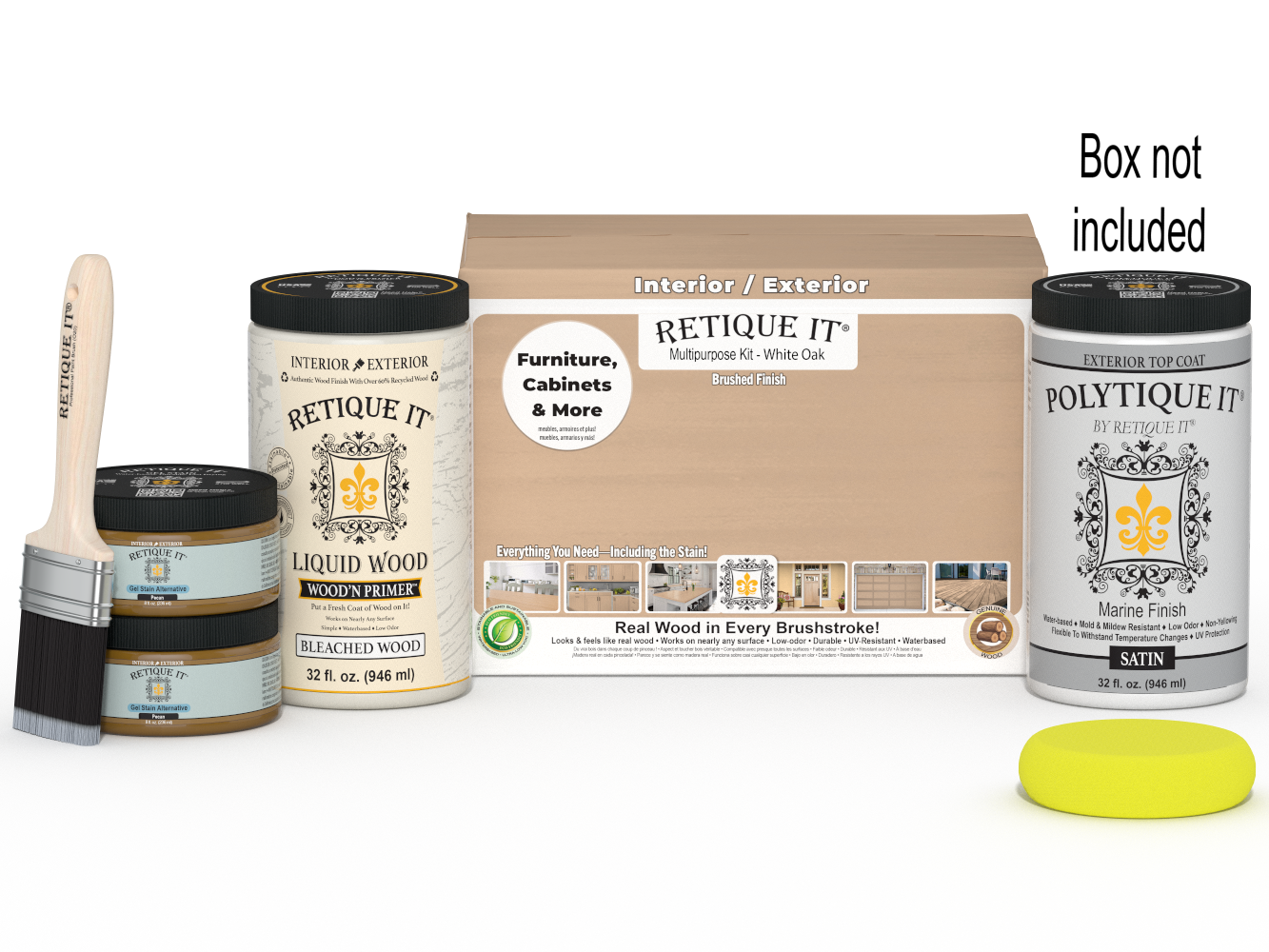Large white oak wood finish kit by Retique It® with satin exterior top coat, includes applicator tools and wood treatment products.