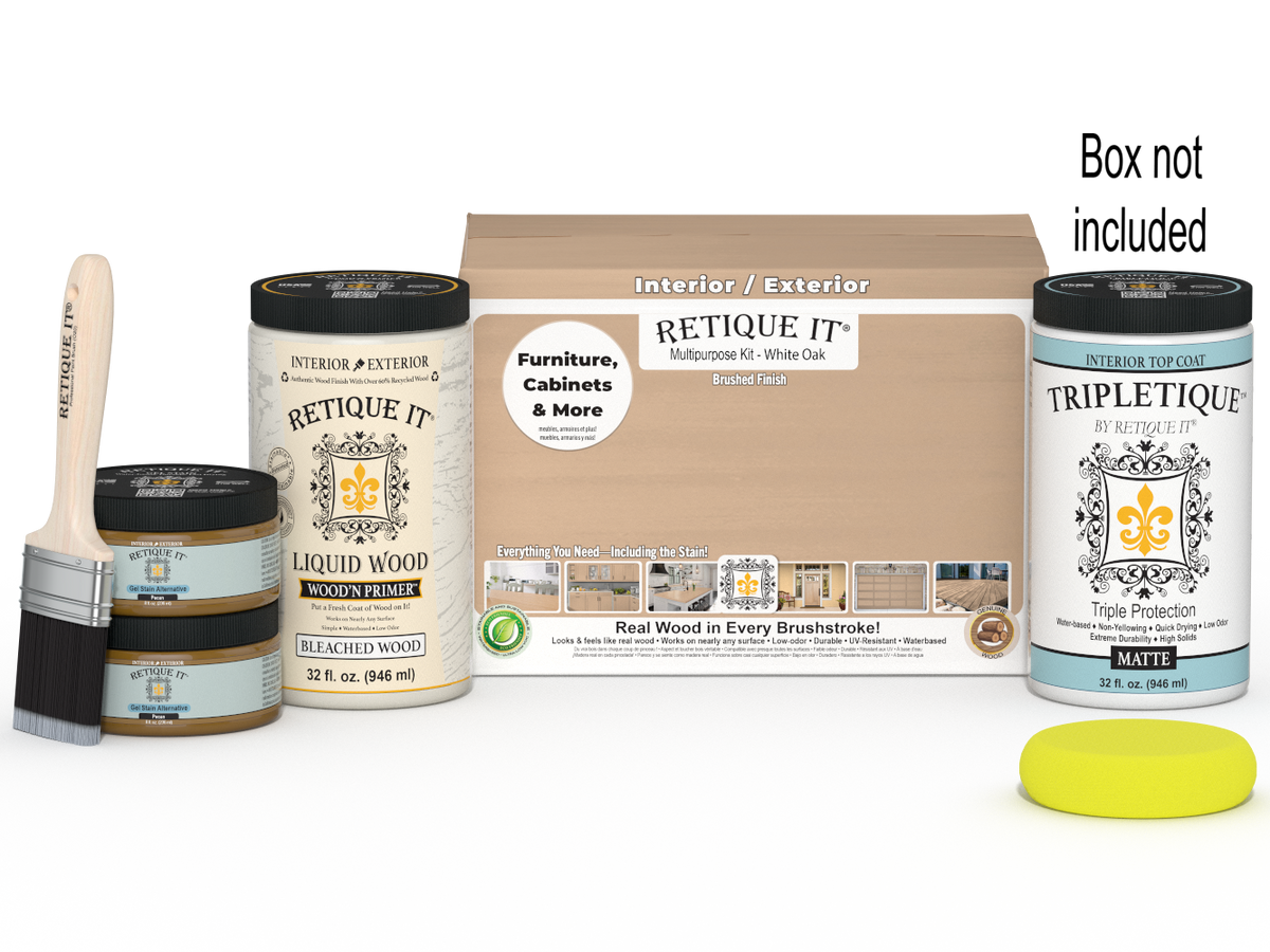 Large white oak wood finish kit by Retique It® for interior top coating, includes brushes and applicators in a box.