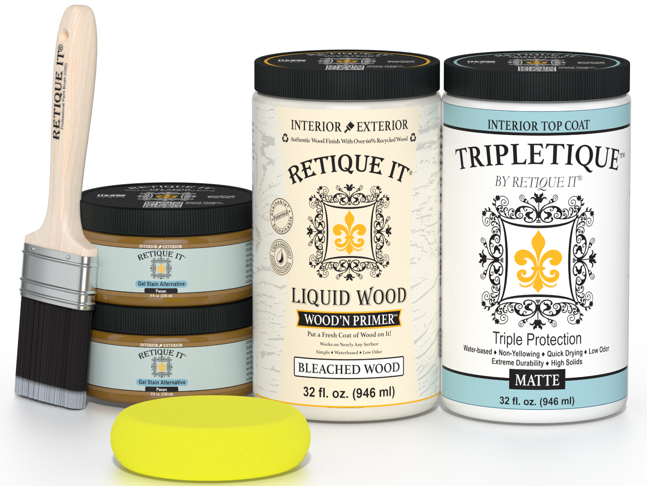 Large white oak wood finish kit by Retique It® for interior top coats, featuring smooth, multi-purpose wood finishing tools and supplies.