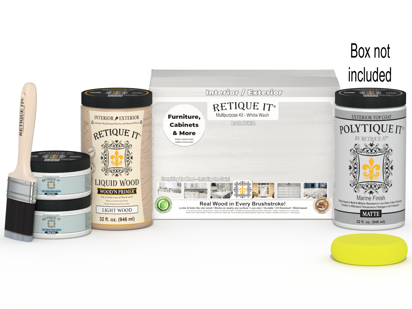 Large white wash wood finish kit from Retique It® for exterior top coat, includes smooth finish tools and products in the box.