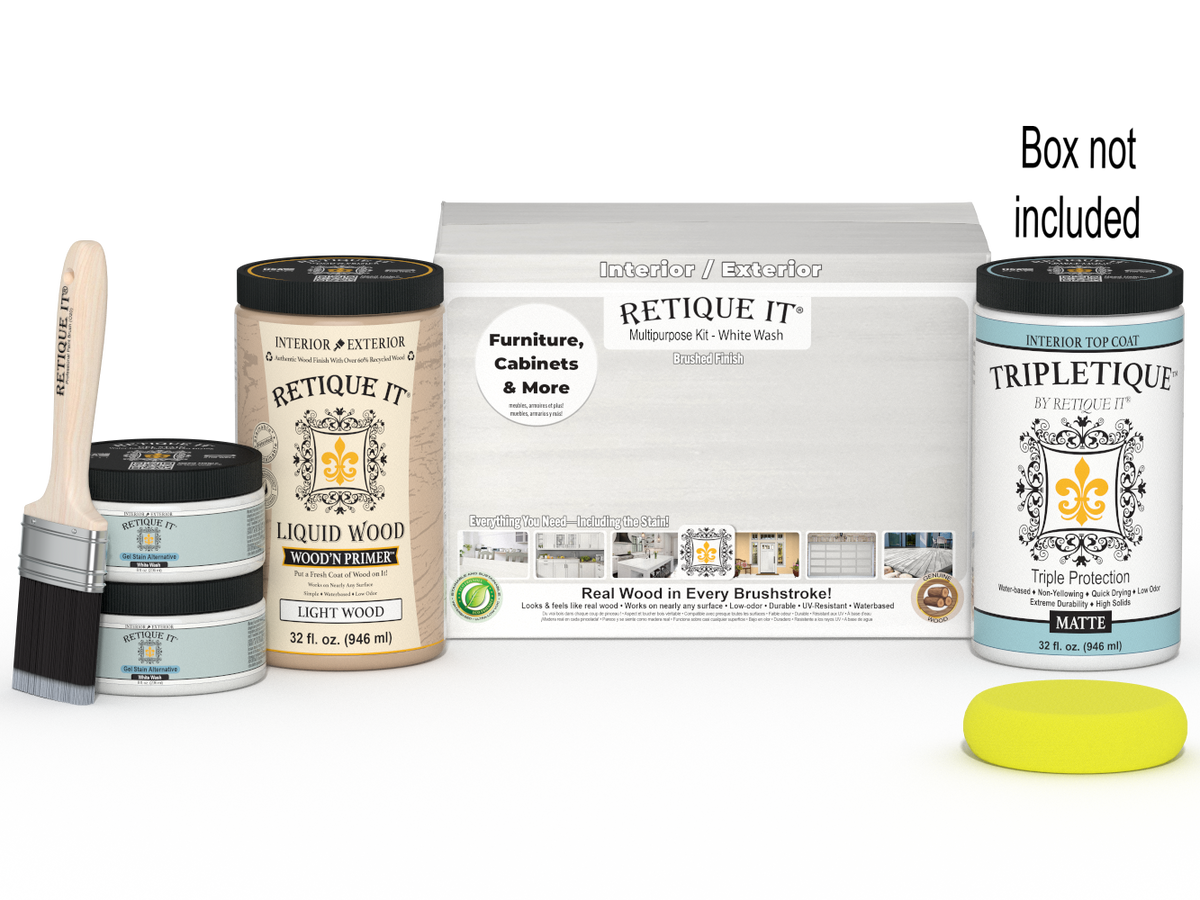 Large white wash interior top coat wood finish kit by Retique It® with brushes and tools in the packaging.