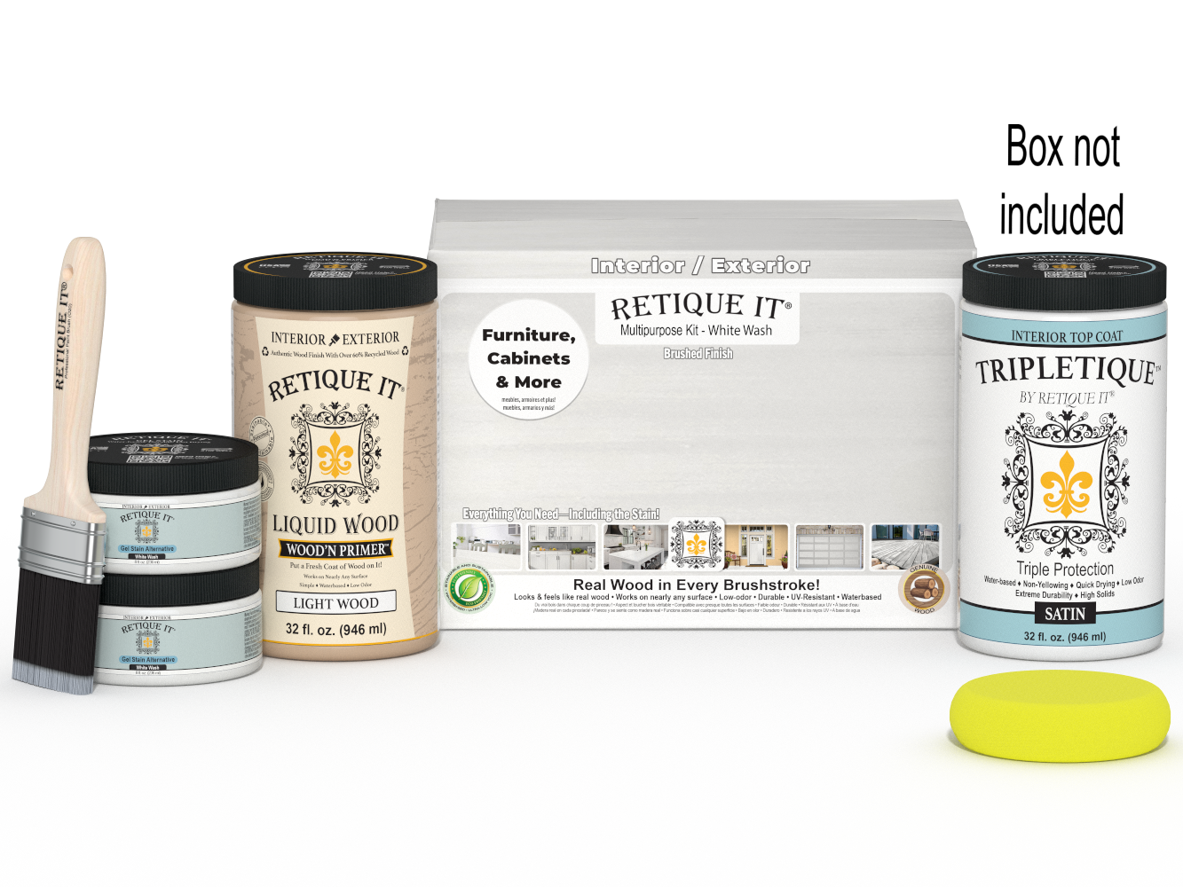 Retique It® Large White Wash Smooth Finish Kit for interior wood projects, includes satin top coat and application tools.
