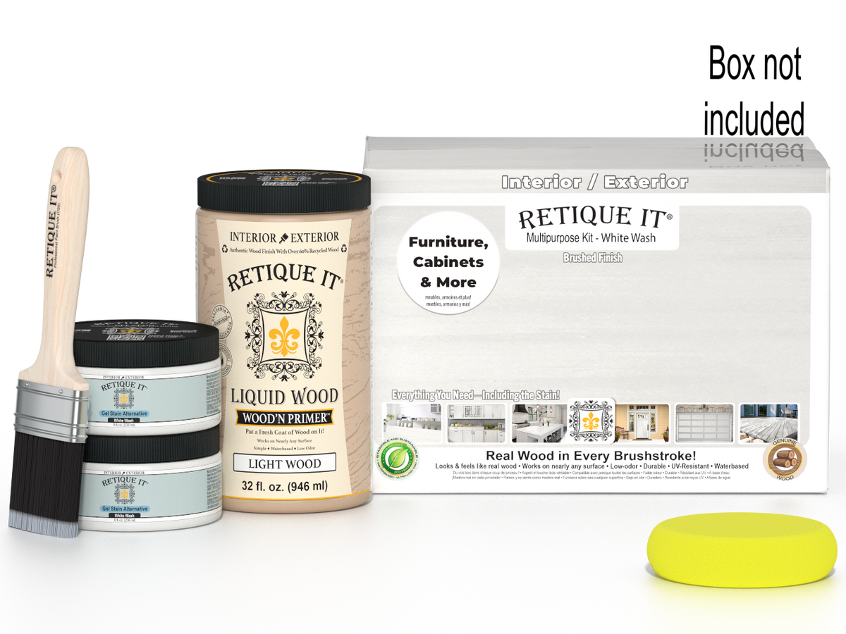 Large white wash wood finish kit from Retique It® with smooth finish and multiple application accessories for wood projects