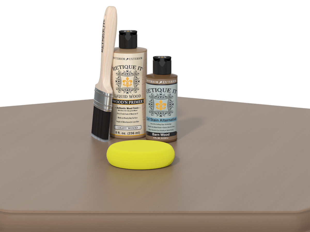 Set of paint-related products including a brush, bottles, and a yellow sponge on a gray surface.