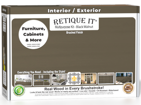Retique It® Multi-purpose Smooth Finish Kit in Black Walnut for exterior wood projects, includes top coat and application tools.