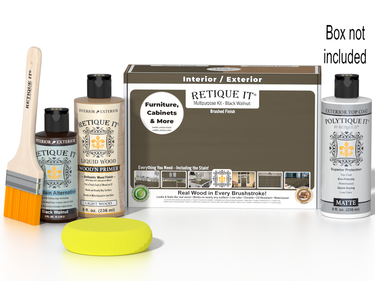 Retique It® Multi-purpose Smooth Finish Kit in Black Walnut for exterior top coat with a matte finish, includes wood finish components.