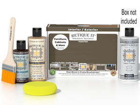 Retique It® black walnut multi-purpose wood finish kit with exterior top coat and applicator brushes, designed for wood finishing.