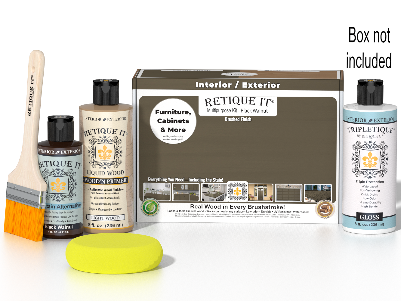 Retique It® Multi-purpose Smooth Finish Kit in Black Walnut for interior wood projects, includes top coat and application tools.
