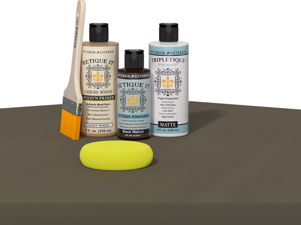 Retique It® Black Walnut Multi-purpose Smooth Finish Kit for interior wood projects, showing the top coat application on a table.
