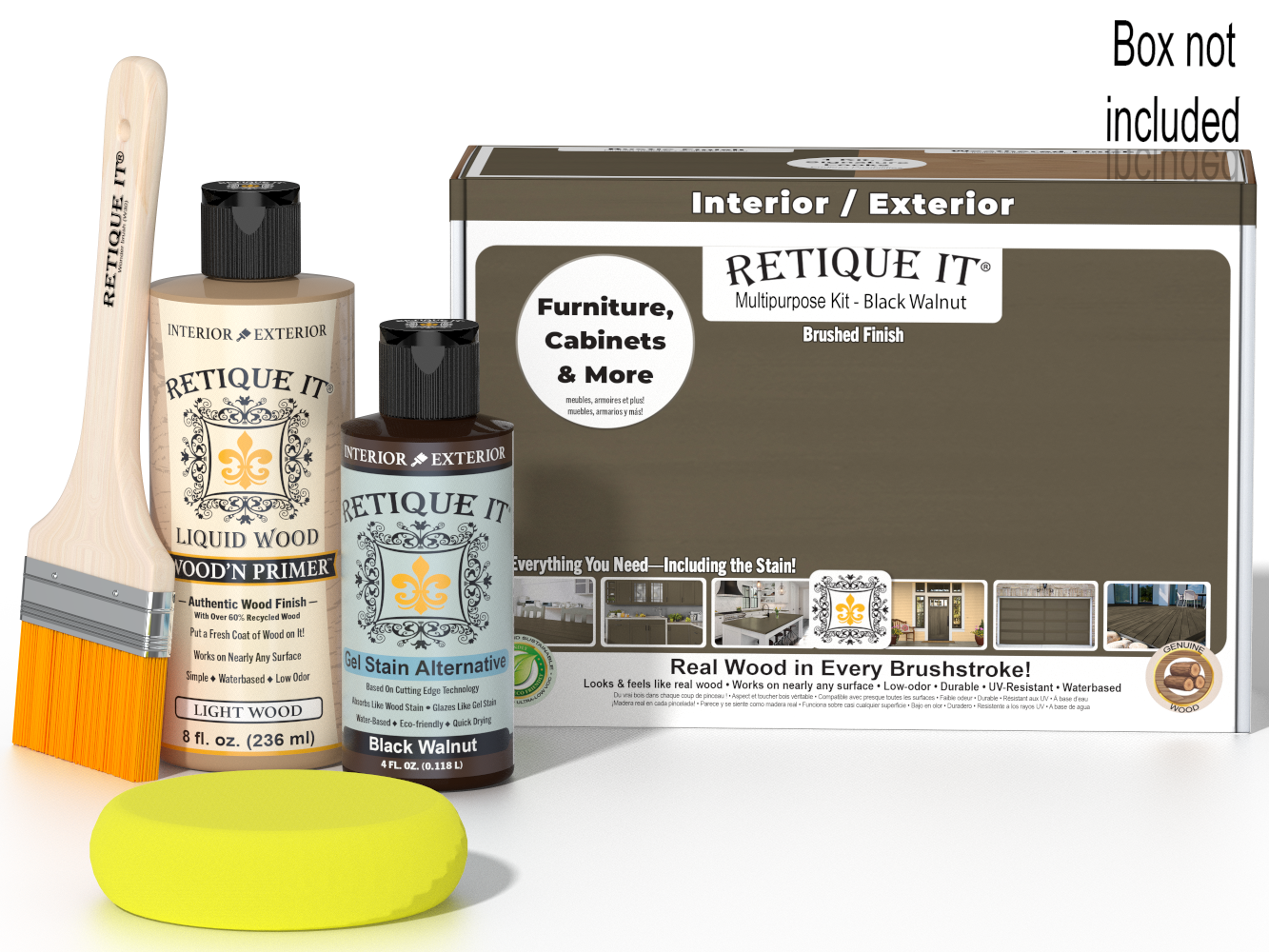 Retique It® Black Walnut Multi-purpose Smooth Finish Kit with wood finishing tools and supplies in a box.