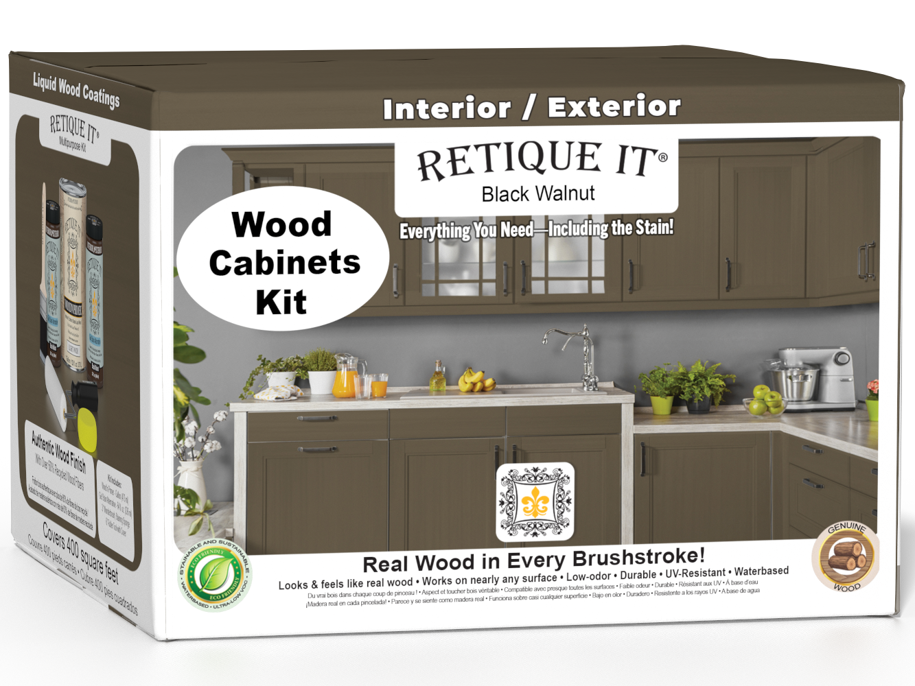 Black Walnut Wood'n Cabinet Kit with 48 smooth doors from Retique It®, shown in 3D box view.
