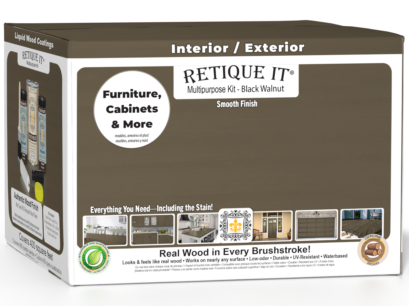 Retique It® Black Walnut Multi-purpose Smooth Finish Kit for interior wood, includes four large top coat bottles with matte finish.