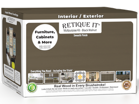 Retique It® Black Walnut Multi-purpose Smooth Finish Kit for interior wood, includes four large top coat bottles with matte finish.