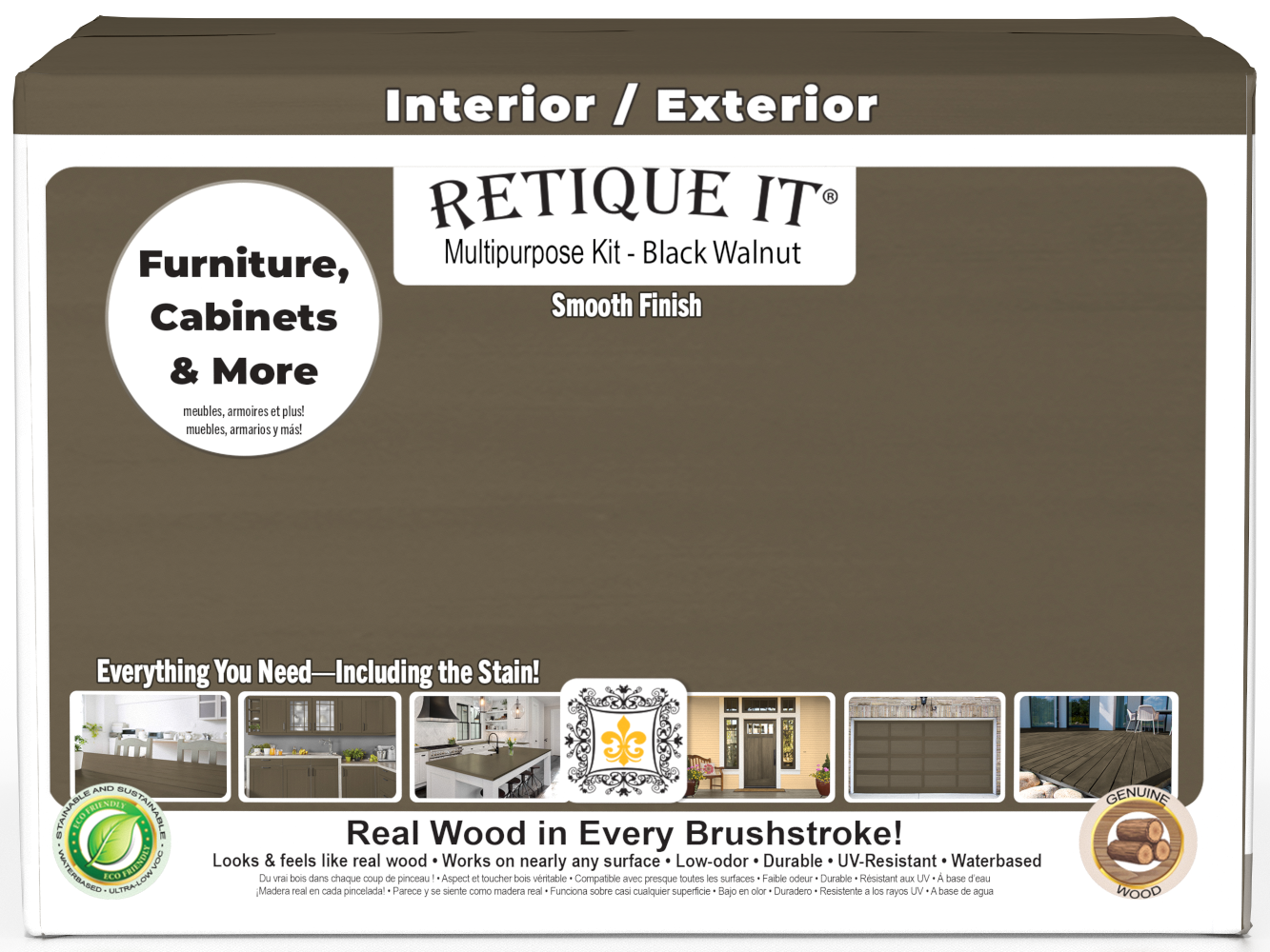 Retique It® wood finish kit with four black walnut interior top coat bottles featuring a smooth, matte finish in a box.