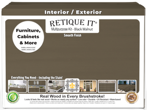 Retique It® wood finish kit with four black walnut interior top coat bottles featuring a smooth, matte finish in a box.