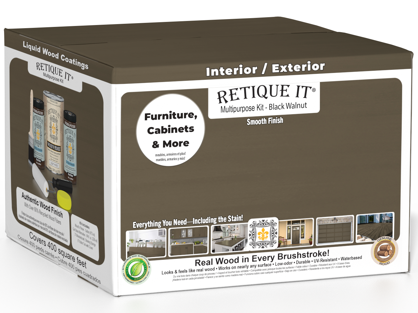 Retique It® Black Walnut Multi-purpose Smooth Finish Kit with interior top coat, matte, includes four large wood finish bottles.