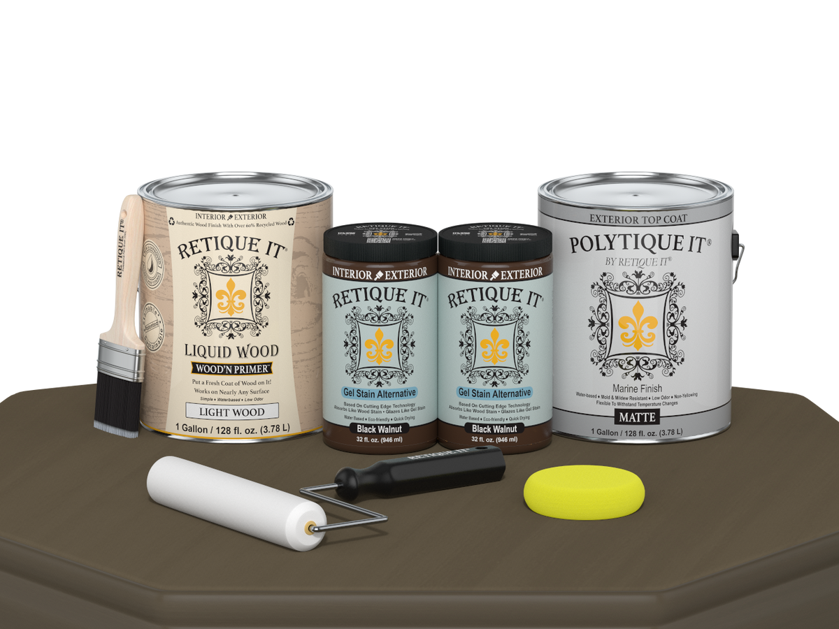 Retique It® Black Walnut Multi-purpose Smooth Finish Kit with four large exterior top coat bottles on a table.